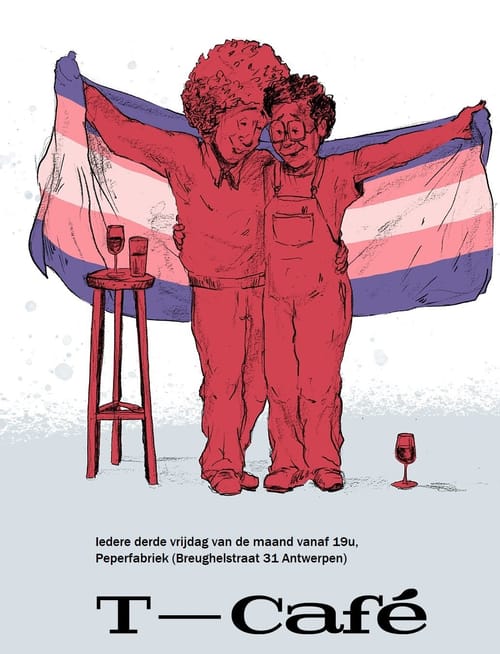 Drawing of two people, arm in arm, holding a trans flag with their stretched out other arm. The people are red, the background white, in the left corner is a stool with a glass of wine and a glass of water